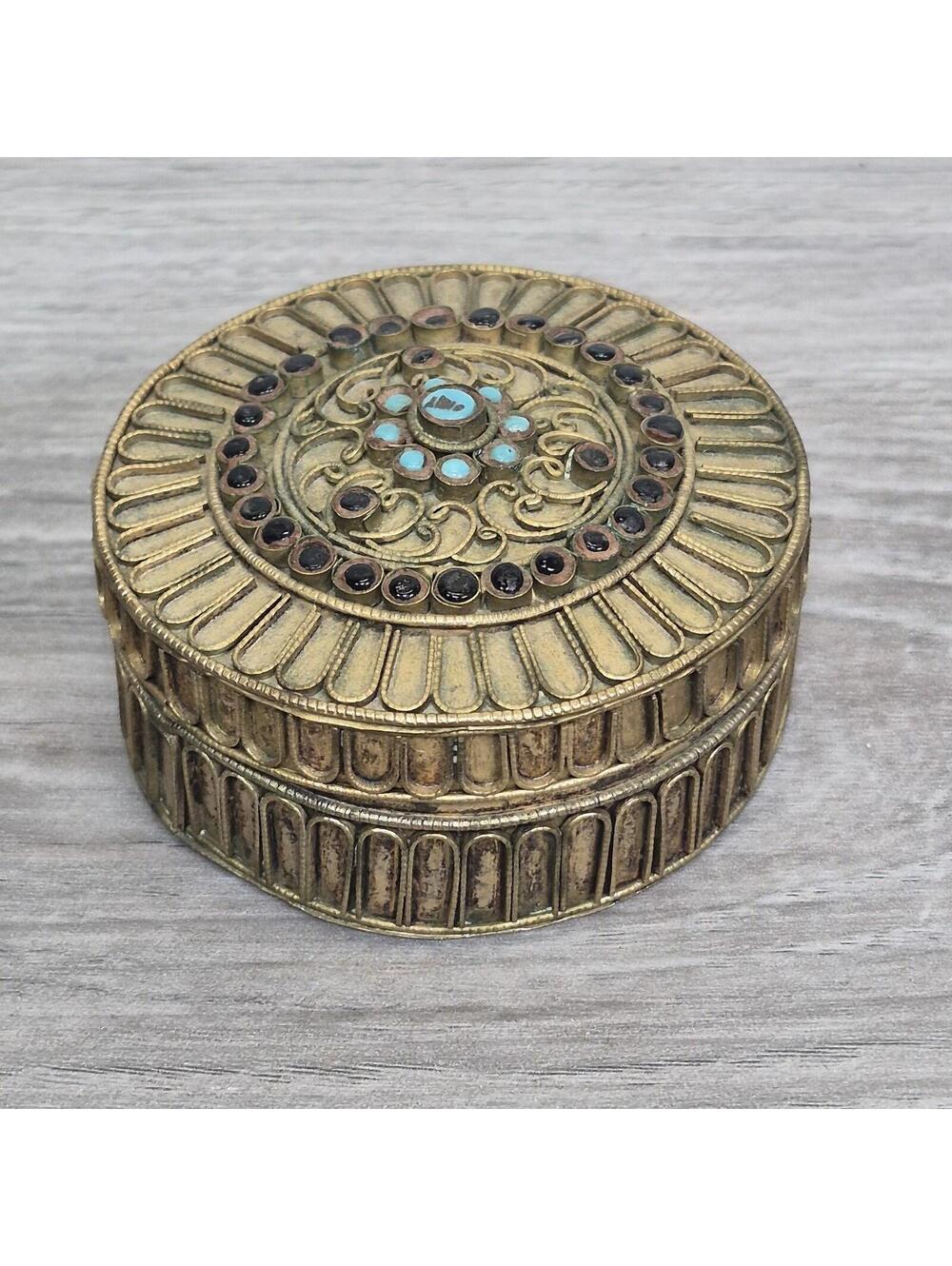 Vintage Brass Round Trinket Box Filigree Decor Blue Red Enamel